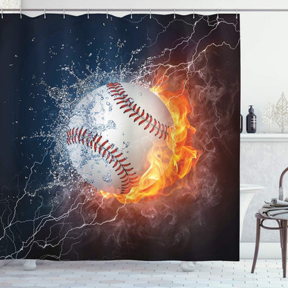 Sports Shower Curtain, Baseball Ball and Water Splashing Thunder Creative Art Themed Print, Cloth Fabric Bathroom Decor Set with Hooks, 69" W X 70" L, Blue and Burgundy