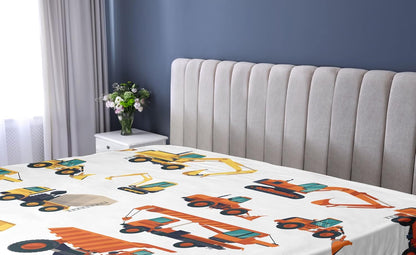 Construction Fitted Sheet, Construction Machinery and Equipment Transportation Careers Mechanics Theme, Soft Decorative Fabric Bedding All-Round Elastic Pocket, Full Size, Orange White