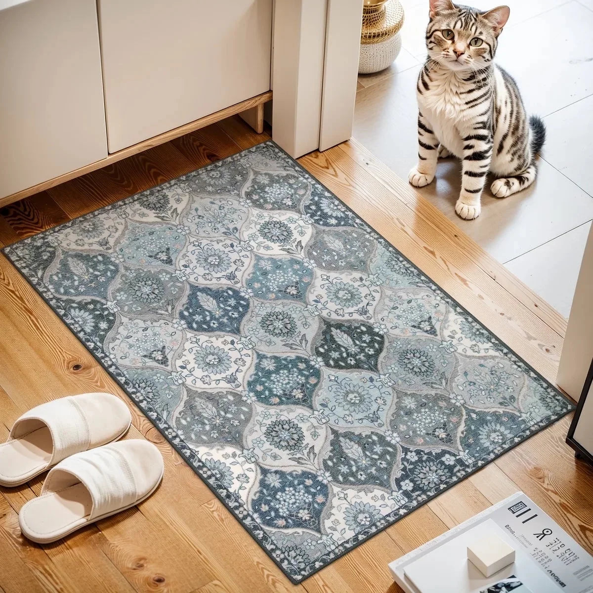 5'X7' Area Rug for Living Room Non-Slip Moroccan Indoor Washable Rug Ultra-Thin Foldable Soft Carpet Floral Accent Throw Rug for Kitchen Entryway Bathroom Bedroom Office Carpet,Grey