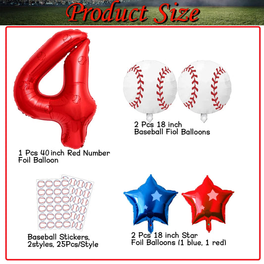 5 Pcs Baseball Balloons Set - Includes Baseball Foil Balloons, Number4 Balloon, Blue Red Star Balloons, Baseball Stickers for Baseball Party Supplies