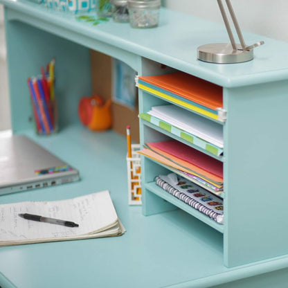 Kids Media Desk, Hutch and Chair Set - Teal: Kids Table and Chairs Set, Student'S Study Desk with Storage, Computer Workstation | Wooden Kids Bedroom Furniture Set