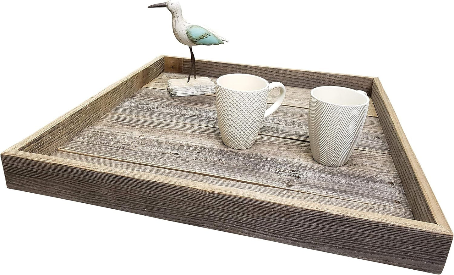 Farmhouse Rustic Weathered Reclaimed Wood 18 X 18 Inch Square Ottoman Tray for Coffee Table or Kitchen Counter Decor