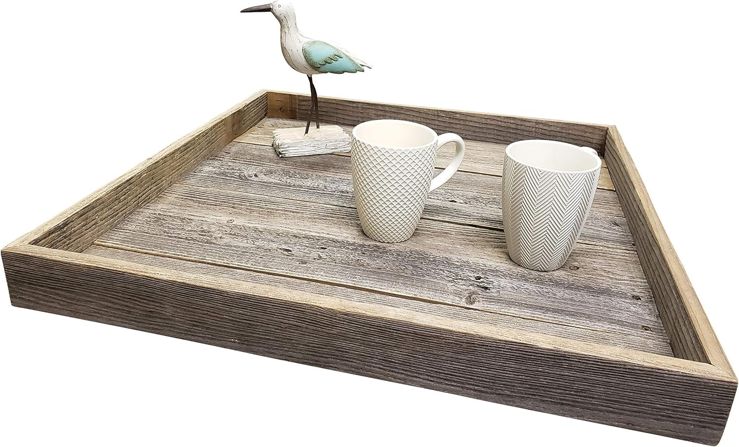 Farmhouse Rustic Weathered Reclaimed Wood 18 X 18 Inch Square Ottoman Tray for Coffee Table or Kitchen Counter Decor