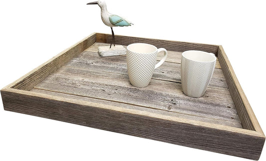 Farmhouse Rustic Weathered Reclaimed Wood 18 X 18 Inch Square Ottoman Tray for Coffee Table or Kitchen Counter Decor