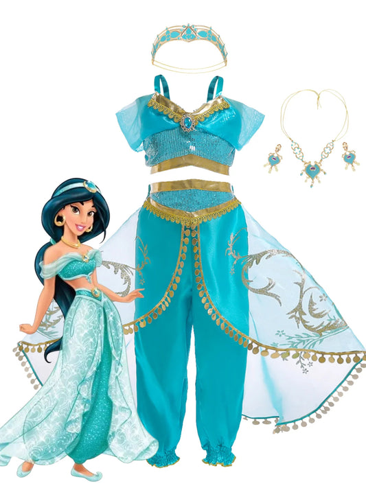 Jasmine Costume for Girls Sequined Princess Dress up Blue with Accessories