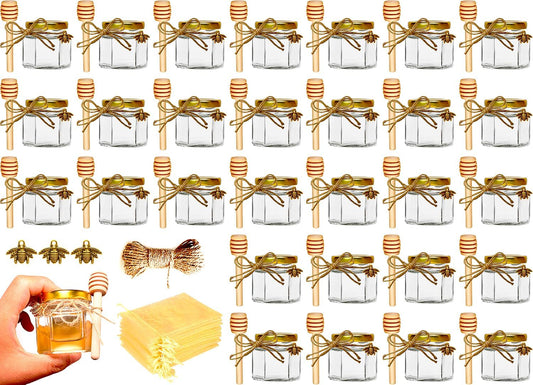 Honey Pot, Mini Glass Honey Jars with Wood Dipper, Gold Lid, Bee Charms, Gold Organza Bags, Thank-You Tags, Ideal for Baby Showers Wedding Favors Party Favors, 2Oz 30 Pack