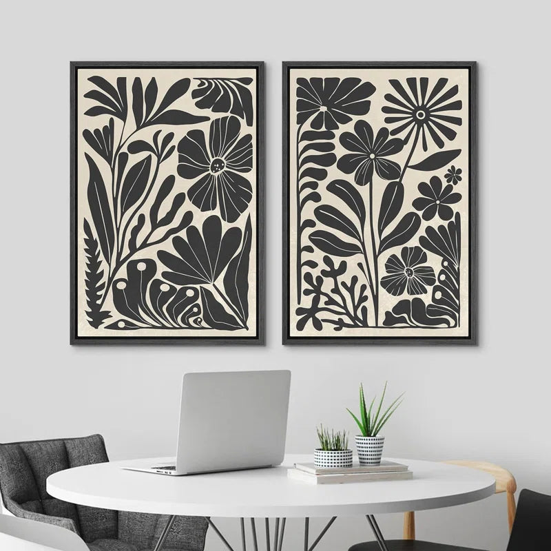 Abstract Botanical " Unique Black and White Floral Modern Boho Framed Canvas Print 2 Pieces Wall Art