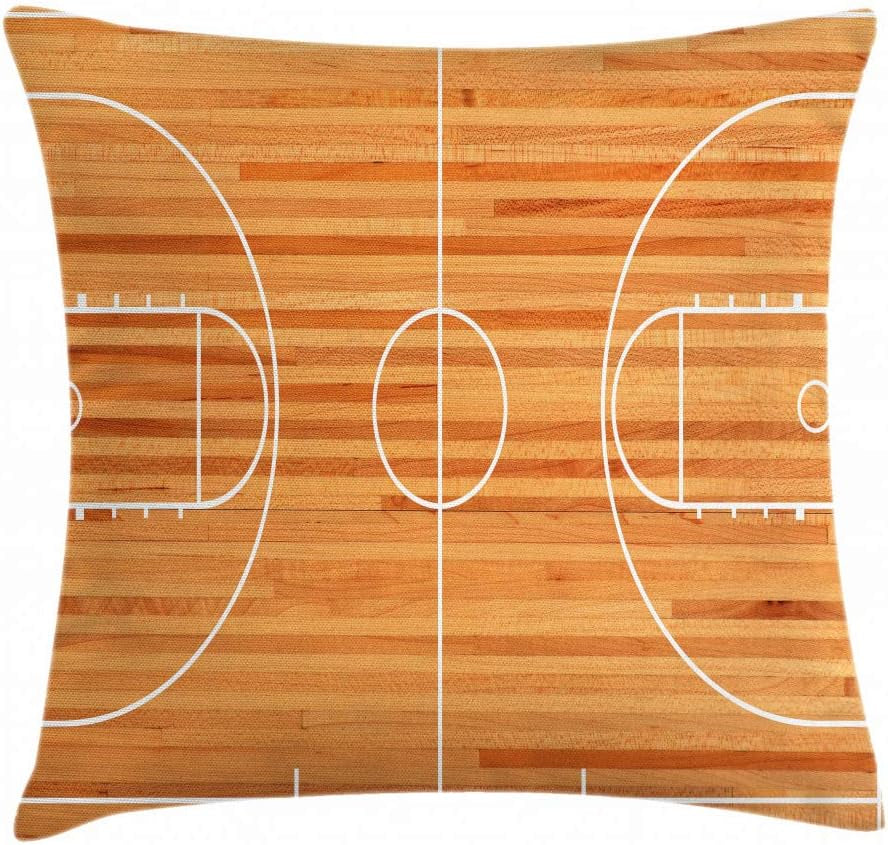 Sports Throw Pillow Cushion Cover, Standard Floor Plan on Parquet Backdrop Basketball Court Playground Print, Decorative Square Accent Pillow Case, 18" X 18", White Brown