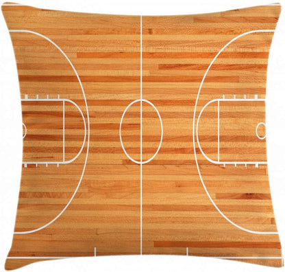 Sports Throw Pillow Cushion Cover, Standard Floor Plan on Parquet Backdrop Basketball Court Playground Print, Decorative Square Accent Pillow Case, 18" X 18", White Brown