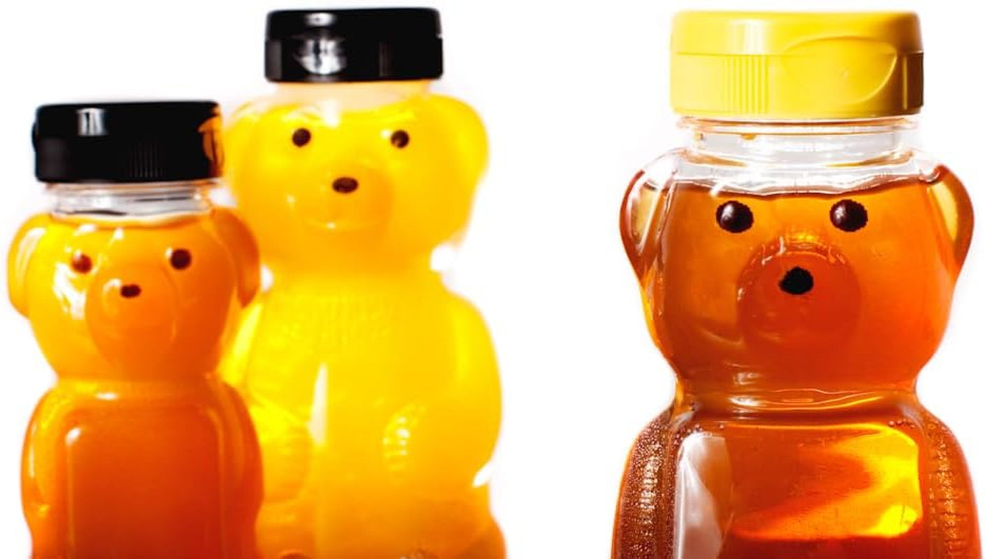 18 Pack 8 Fl Oz Plastic PET Honey Bear Jars, Squeeze Bottles with Yellow Flip-Top Dispenser Caps W/Seals - Holds 12 Oz Honey by Weight - BPA Free, Refillable and Made in USA