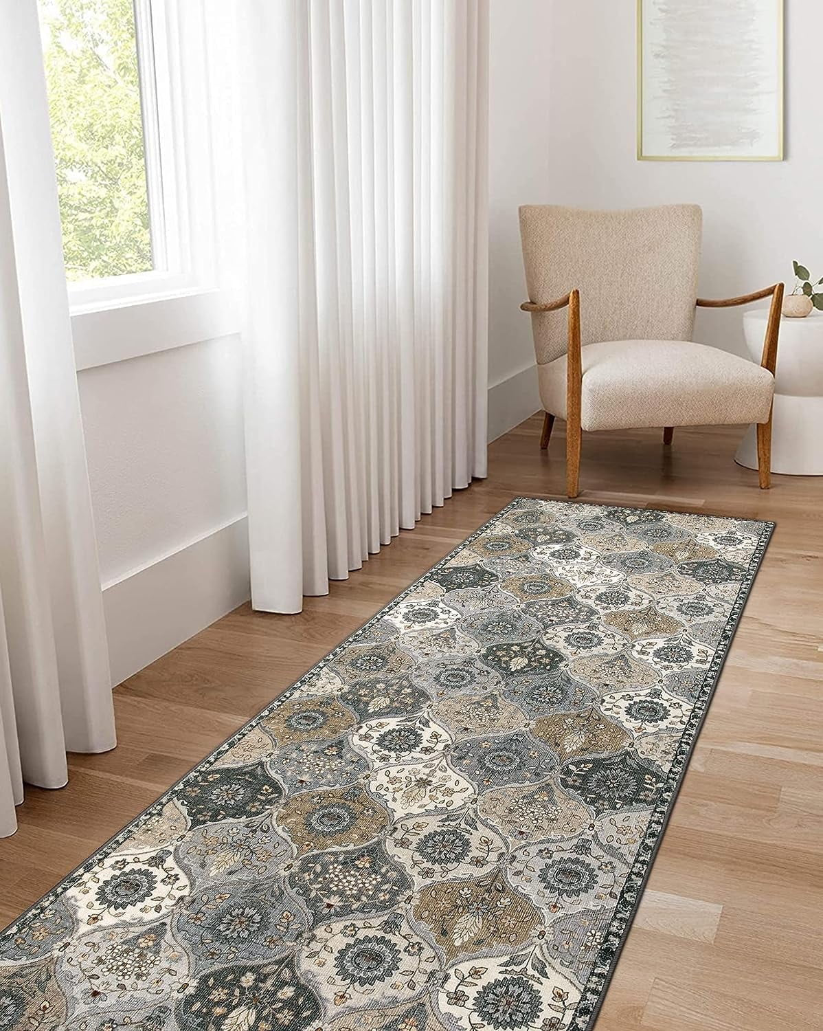5'X7' Area Rug for Living Room Non-Slip Moroccan Indoor Washable Rug Ultra-Thin Foldable Soft Carpet Floral Accent Throw Rug for Kitchen Entryway Bathroom Bedroom Office Carpet,Grey