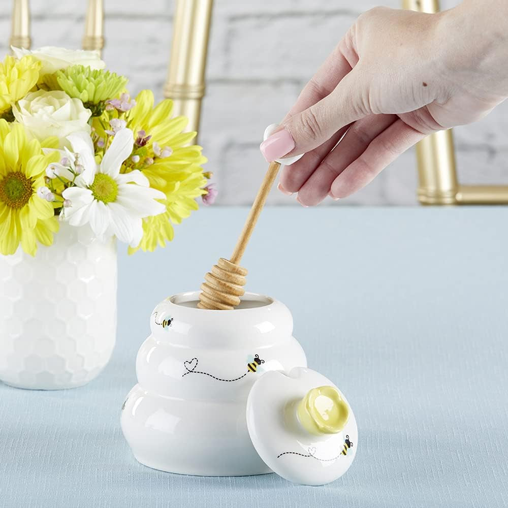 Sweet as Can Bee Ceramic Large Honey Pot with Wooden Honey Dipper (10 Oz), Kitchen Decor, Bumblebee Baby Shower Prize, Take Home Gift, Bee Decorations