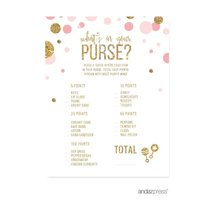 What'S in Your Purse? Game Blush Pink Gold Glitter Baby Shower Games, 20-Pack