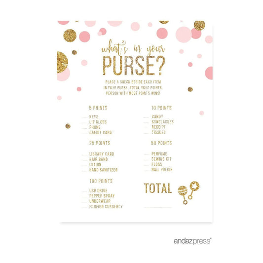 What'S in Your Purse? Game Blush Pink Gold Glitter Baby Shower Games, 20-Pack