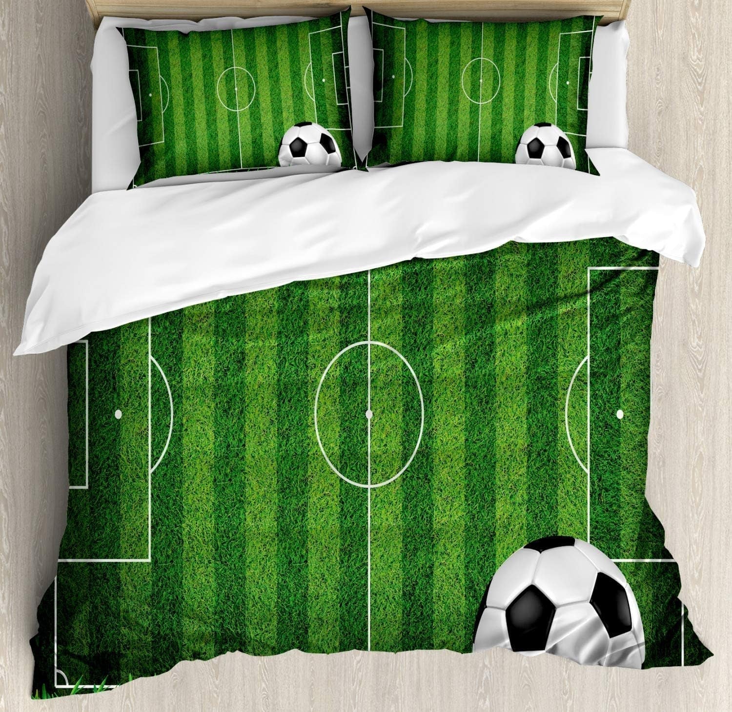 Sports Duvet Cover Set, Green Grass Field Soccer Playground with the Ball Scheme Stripes Strategy, Decorative 3 Piece Bedding Set with 2 Pillow Shams, King Size, Green Black White