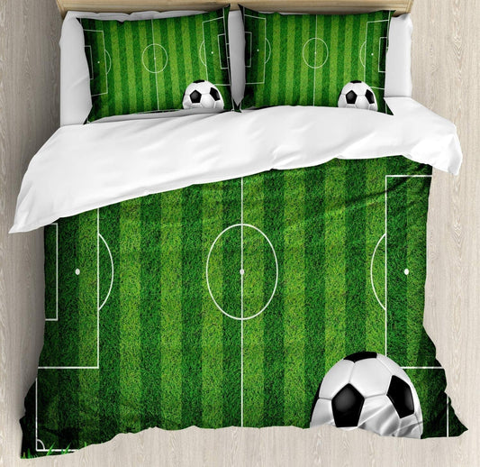 Sports Duvet Cover Set, Green Grass Field Soccer Playground with the Ball Scheme Stripes Strategy, Decorative 3 Piece Bedding Set with 2 Pillow Shams, King Size, Green Black White