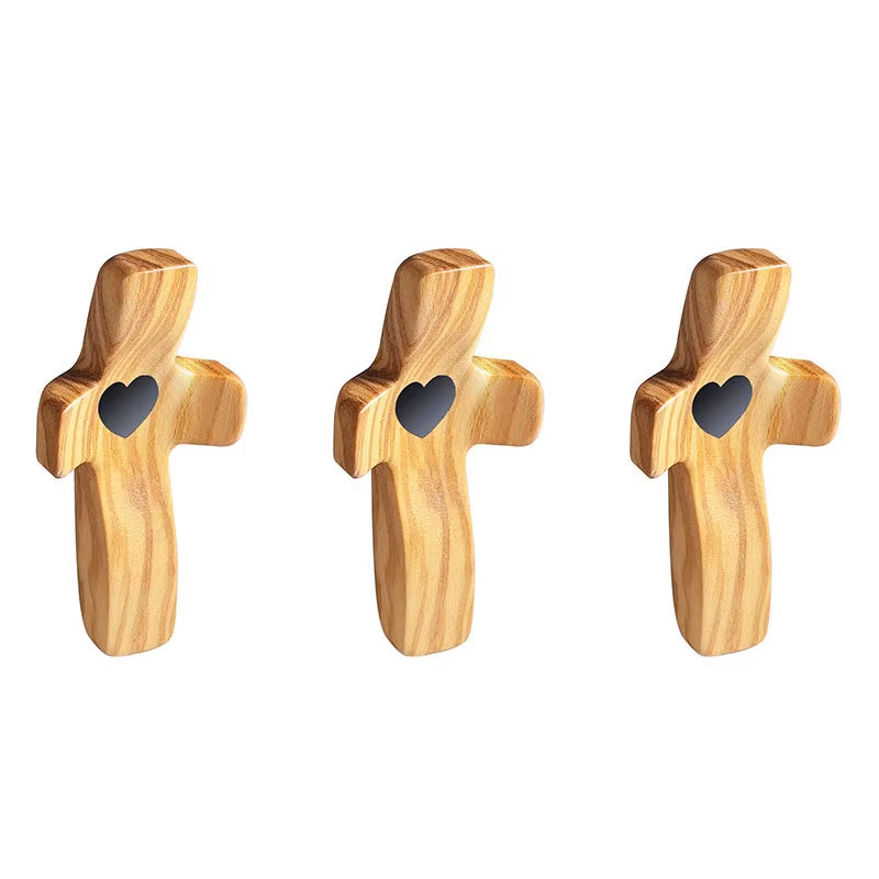 3Pcs Cross My Heart Encouragement Gift Handheld Wooden Cross with Epoxy Heart to Carry in Pocket Emotional Support