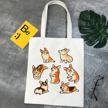Corgi Dog Cartoon Funny Shopping Bag Graphic Tote Handbag Harajuku Shopper Bag for Women Eco Large-Capacity Female Shoulder Bag