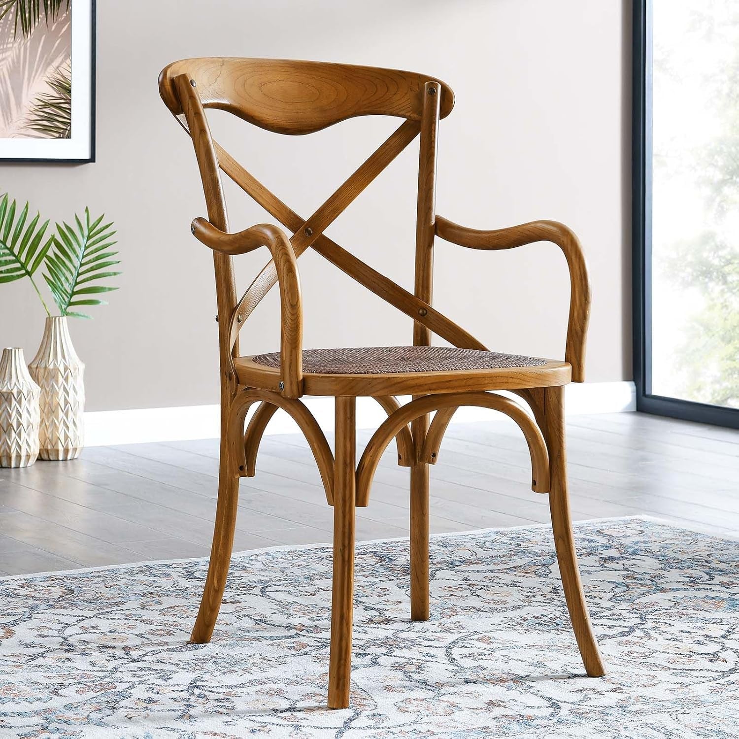 Gear Rustic Modern Farmhouse Elm Wood Rattan Dining Armchair in Walnut