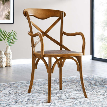 Gear Rustic Modern Farmhouse Elm Wood Rattan Dining Armchair in Walnut