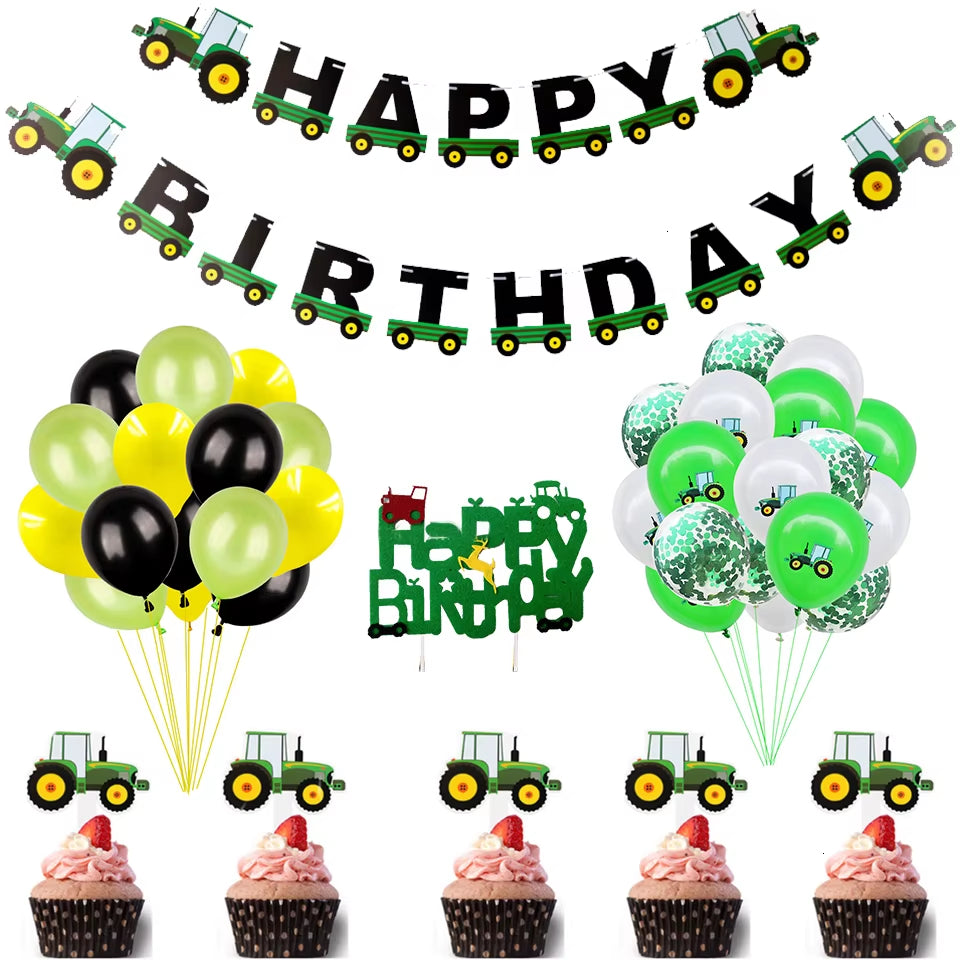 1Set Farm Theme Green Tractor Inflatable Balloons Happy Birthday Party Decoration Kids Birthday Excavator Vehicle Banner