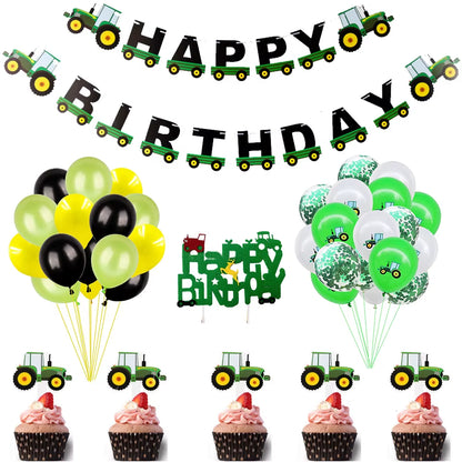 1Set Farm Theme Green Tractor Inflatable Balloons Happy Birthday Party Decoration Kids Birthday Excavator Vehicle Banner