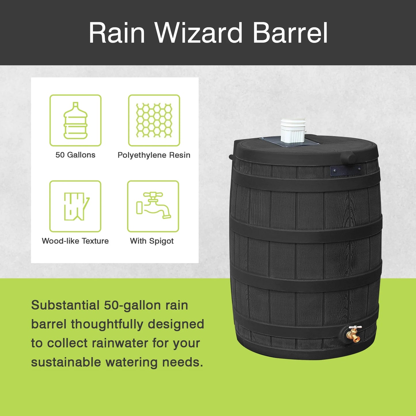 Rain Wizard 50 Gallon Plastic Rain Barrel Water Collector, Black