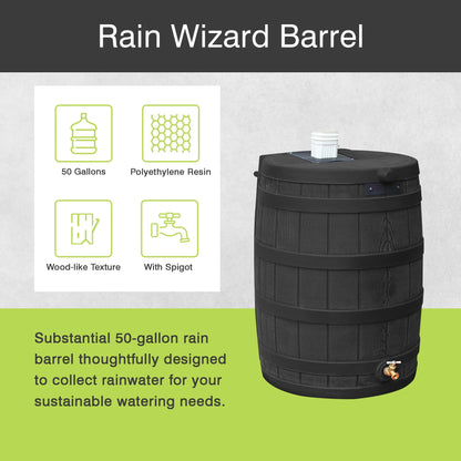 Rain Wizard 50 Gallon Plastic Rain Barrel Water Collector, Black