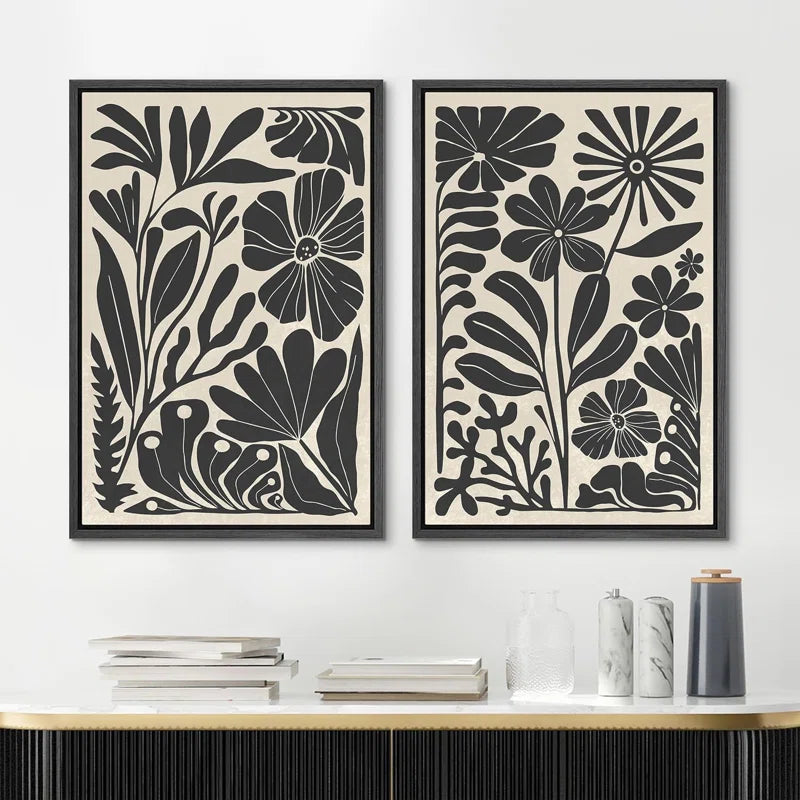 Abstract Botanical " Unique Black and White Floral Modern Boho Framed Canvas Print 2 Pieces Wall Art