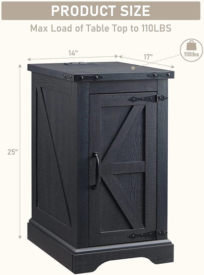 Farmhouse Nightstand with Charging Station, Wood End Table Side Table, Black
