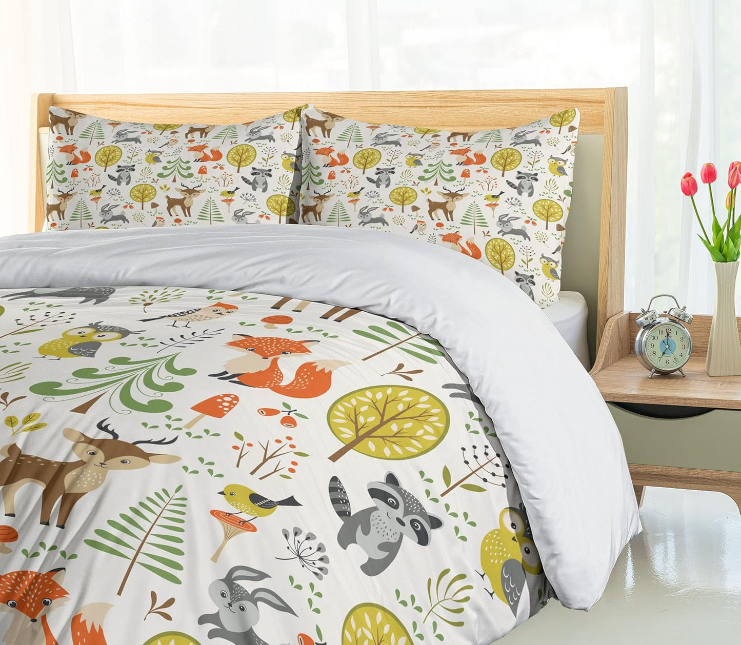 Animals Duvet Cover Set, Woodland Forest Animals Trees Birds Owls Fox Bunny Deer Raccoon Mushroom Print, Decorative 3 Piece Bedding Set with 2 Pillow Shams, King Size, Orange
