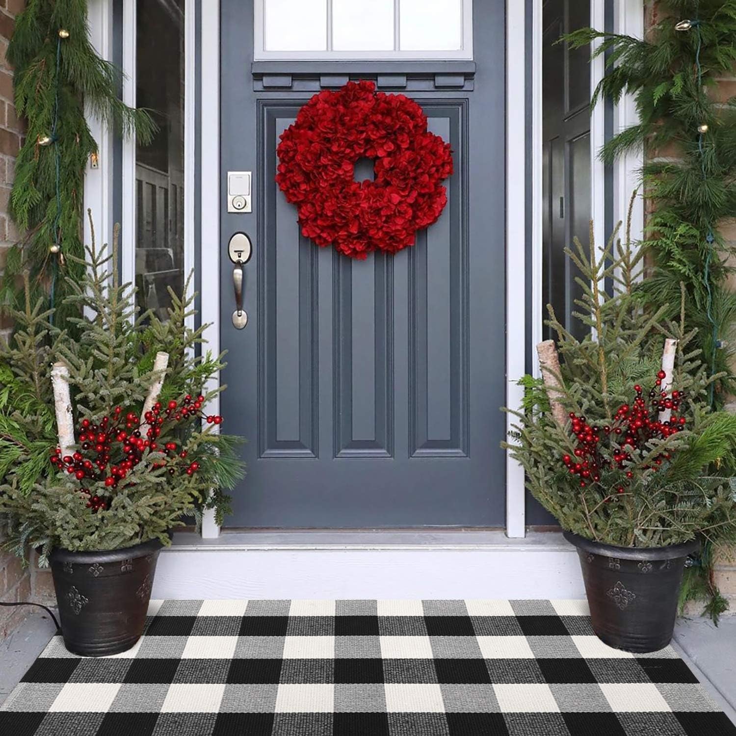 Buffalo Plaid Outdoor Rug Runner Doormat 24'' X 51", Black/White Cotton Woven Checkered Farmhouse Porch Outdoor Rugs, Washable Indoor Door Mat for Front Layered Kitchen Bathroom Laundry Room