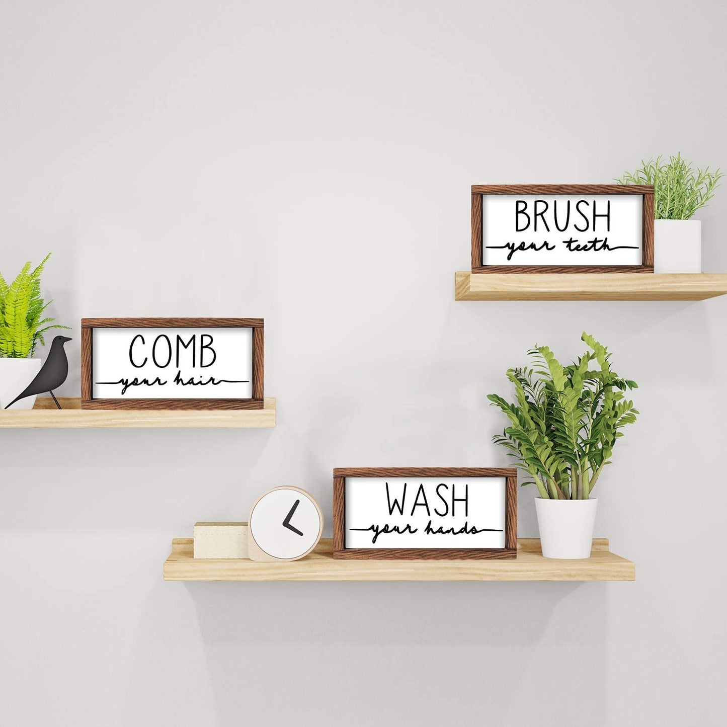 Bathroom Sign & Plaque (Set of 3) Wash Your Hands Brush Your Teeth Comb Your Hair Decorative Rustic Wood Farmhouse Bathroom Wall Decor (White)