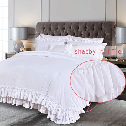 White Ruffled Shabby Comforter Set King,Boho Chic Farmhouse Bedding down Comforter Fluffy Cozy,Ultra Soft Washed Microfiber Inner Fill Bedding All Season 3 Piece Set with Ruffle Pillow Shams
