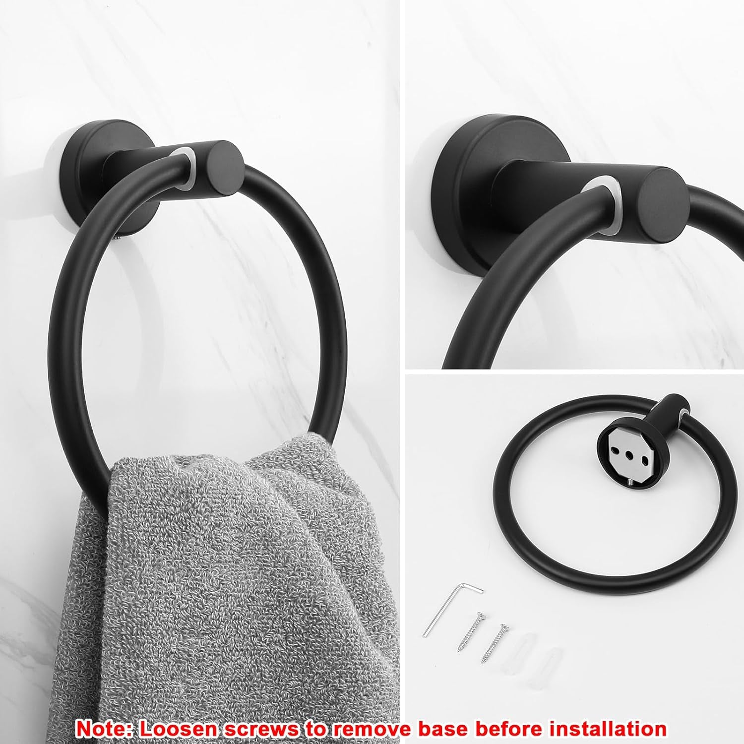 Bath Towel Ring, Bathroom Hardware Accessories-Thicken Stainless Steel Hand Towel Holder for Bathroom, Modern round Towel Hanger Wall Mounted (Matte Black, 1 Pack)