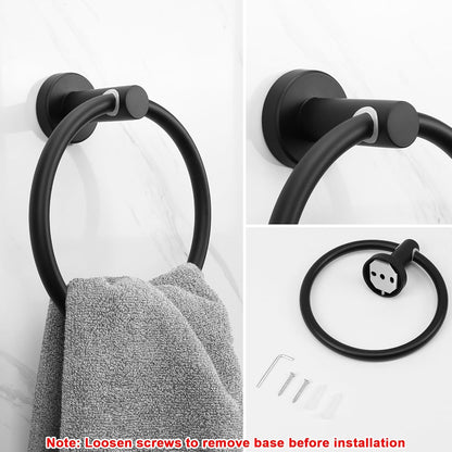 Bath Towel Ring, Bathroom Hardware Accessories-Thicken Stainless Steel Hand Towel Holder for Bathroom, Modern round Towel Hanger Wall Mounted (Matte Black, 1 Pack)