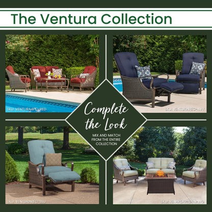 Ventura Steel Outdoor Patio Woven Luxury Recliner with Brown Wicker, Ocean Blue Cushions and Pillow, VENTURAREC-BLU