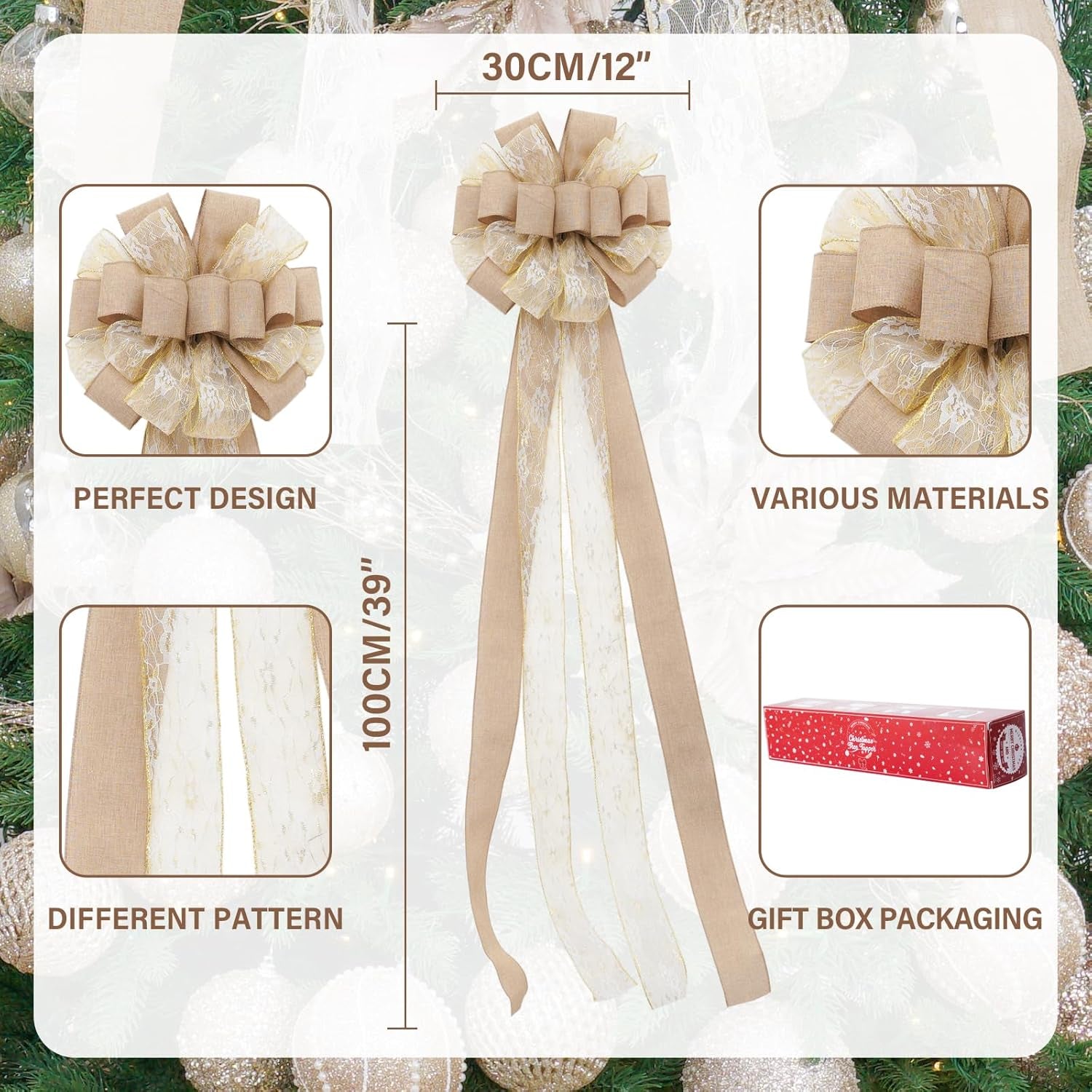 Christmas Tree Topper,Christmas Ornament with Glitter Satin Mesh Streamer,For Your Christmas Decor (Circle Tree Topper, Beige)