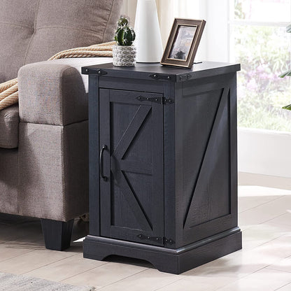 Farmhouse Nightstand with Charging Station, Wood End Table Side Table, Black
