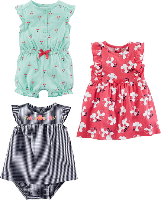 Baby Girls' 3-Pack Romper, Sunsuit and Dress