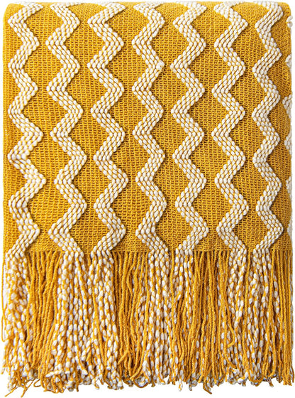 Acrylic Knitted Throw Blanket, Lightweight and Soft Cozy Decorative Woven Blanket with Tassels for Travel, Couch, Bed, Sofa, 51X67 Inches, Taupe Checkered