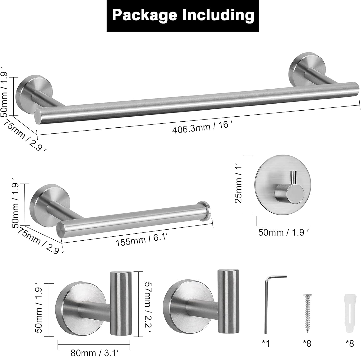 5 Pcs Bathroom Hardware Set SUS 304 Thicken Stainless Steel-Towel Bar Set Include 16" Towel Rod+Toilet Paper Holder+3 Multifunctional Hooks Bathroom Accessories (Brushed Nickel)
