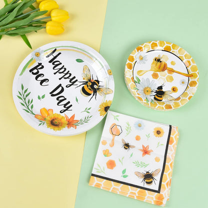 Bee Party Plates and Napkins - 48 PCS Happy Bee Day Party Supplies for Kids Honey Bee Party Tableware Set Dinner Dessert Cake Plates Lunch Napkins Serves 16 Guests