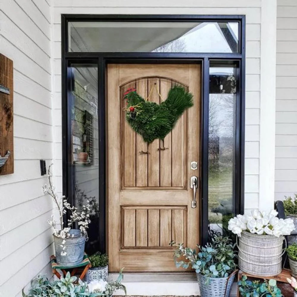 Christmas Chicken Wreath Green Artificial Plants Rooster Wreath for Front Door Christmas Farmhouse Garden Decorations