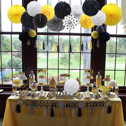 Yellow White Black Hanging Paper Party Decorations, round Paper Fans Set Paper Pom Poms Flowers for Bee Baby Shower Decorations Batman Birthday Party