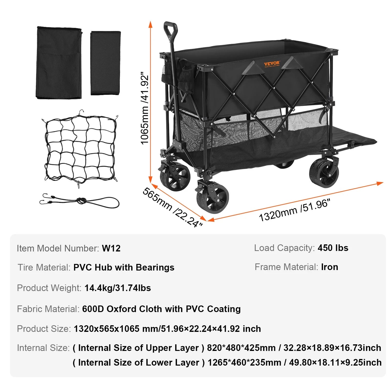VEVOR Foldable Double Decker Wagon, 400L Collapsible Wagon Cart with All-Terrain Wheels, Heavy Duty Folding Wagon Cart 450 Lbs Weight Capacity for Camping, Shopping, Garden, 52 Extra Long Extender