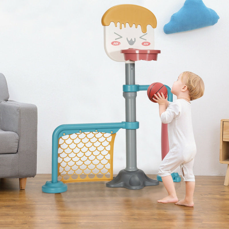 3-In-1 Height Adjustable Basketball Stand Set with Soccer and Roller