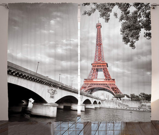 Paris Curtains, Eiffel Tower Bridge Capital City Cloudscape Monochrome Style Picture Print, Living Room Bedroom Window Drapes 2 Panel Set, 108" X 108", Dimgray and Salmon