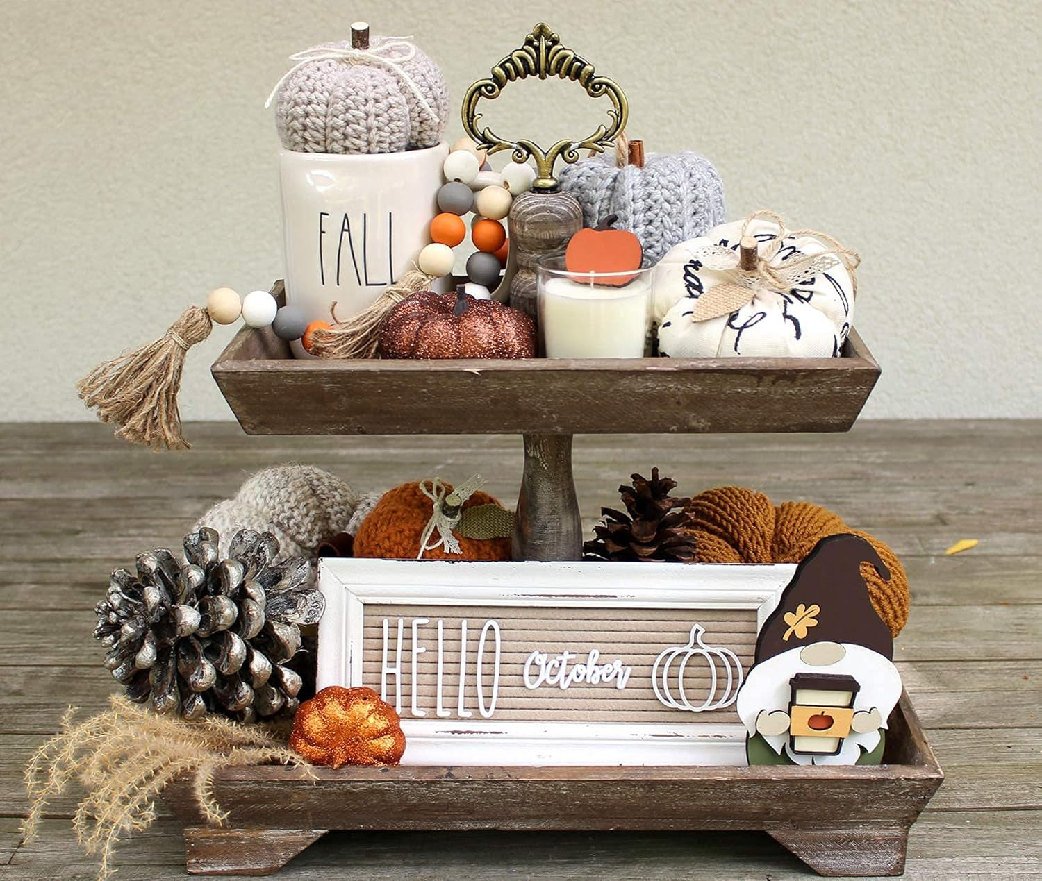 Rustic Wood Two Tiered Tray Rectangle 2 Tier Serving Tray for Coffee Bar, Kitchen Counter, Dining Room Table, Cupcake Stand, Holiday and Farmhouse Decor (Rustic Brown)