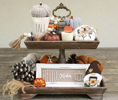 Rustic Wood Two Tiered Tray Rectangle 2 Tier Serving Tray for Coffee Bar, Kitchen Counter, Dining Room Table, Cupcake Stand, Holiday and Farmhouse Decor (Rustic Brown)